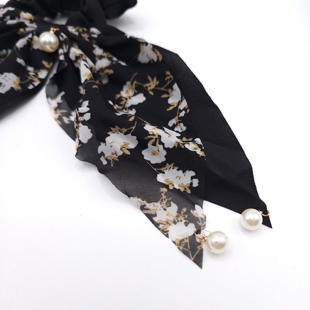 Black Floral Ribbon Scrunchie Faux Pearl Hair Tie Women's Boho Elegant Accessory - Picture 2 of 4